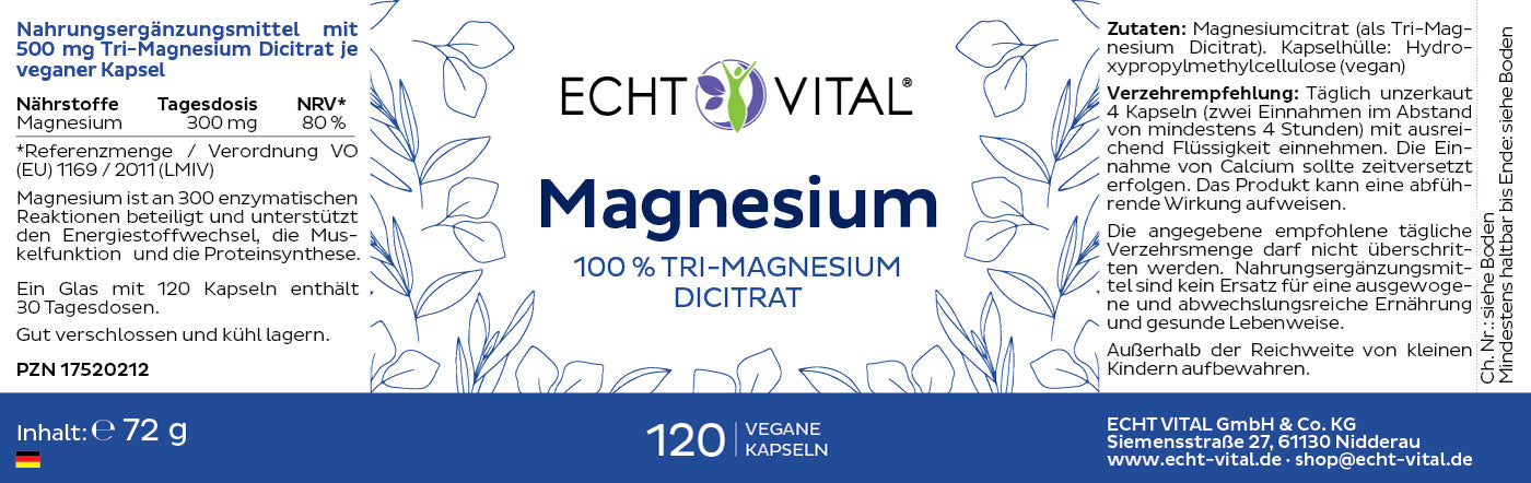 Nature Aktiv Magnesium – Tri-Magnesium Dicitrat – 1 Glas mit 120 Kapseln